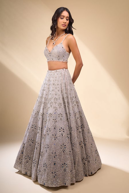 Seema Gujral_Gray Organza Sequins, Stones, Beads, Tassels Heavily Embellished Lehenga Set _Online_at_Aza_Fashions