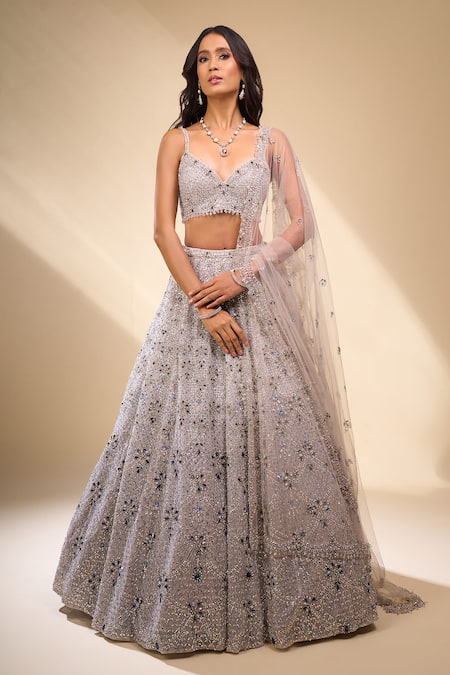 Buy_Seema Gujral_Gray Organza Sequins, Stones, Beads, Tassels Heavily Embellished Lehenga Set _Online_at_Aza_Fashions