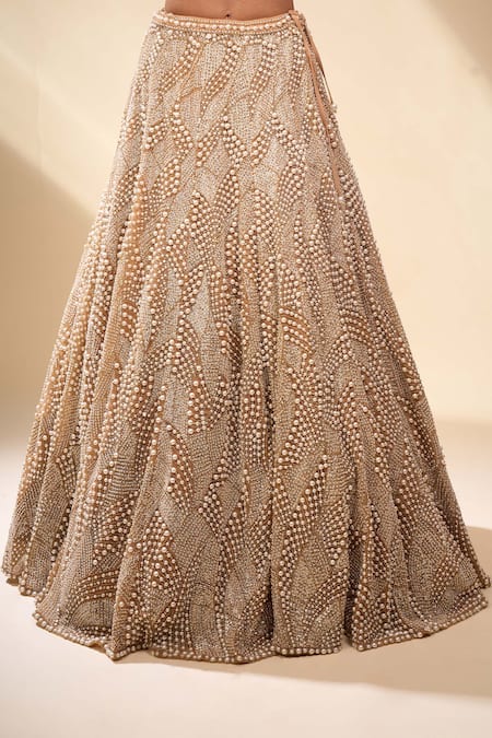 Buy_Seema Gujral_Beige Net Pearls, Embroidery, Zari V-neck Jacket Lehenga Set _Online_at_Aza_Fashions