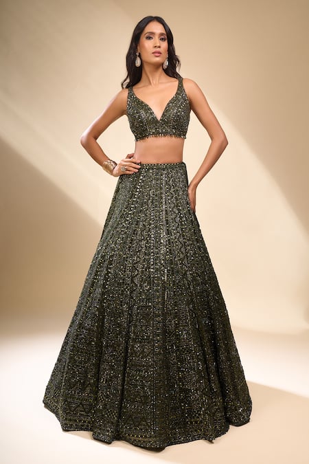 Buy_Seema Gujral_Green Net Sequins, Beads, Embroidery V-neck Lehenga Set _Online_at_Aza_Fashions