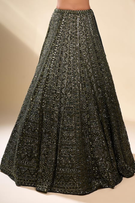 Seema Gujral_Green Net Sequins, Beads, Embroidery V-neck Lehenga Set _at_Aza_Fashions