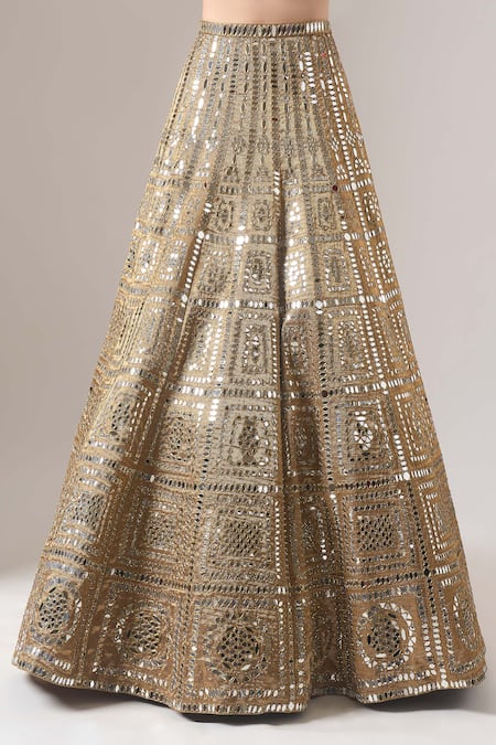 Buy_Seema Gujral_Gold Brocade Mirrors, Zari, Embroidery Sweetheart Neck Banarasi Lehenga Set _Online_at_Aza_Fashions