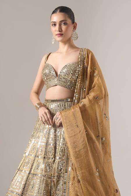 Seema Gujral_Gold Brocade Mirrors, Zari, Embroidery Sweetheart Neck Banarasi Lehenga Set _at_Aza_Fashions