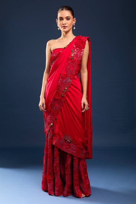 Buy Anamika Khanna Red Sequins, Embroidery, Draped Sharara Saree With Unstitched Blouse Piece Online at Aza Fashions Buy_Anamika Khanna_Red Sequins, Embroidery, Draped Sharara Saree With Unstitched Blouse Piece_Online_at_Aza_Fashions