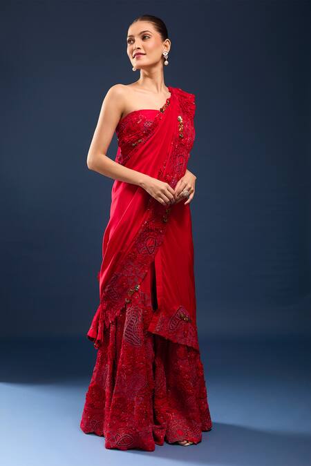 Shop Anamika Khanna Red Sequins, Embroidery, Draped Sharara Saree With Unstitched Blouse Piece Online at Aza Fashions Shop_Anamika Khanna_Red Sequins, Embroidery, Draped Sharara Saree With Unstitched Blouse Piece_Online_at_Aza_Fashions