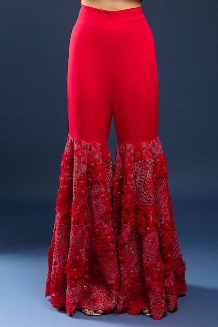 Anamika Khanna Red Sequins, Embroidery, Draped Sharara Saree With Unstitched Blouse Piece at Aza Fashions Anamika Khanna_Red Sequins, Embroidery, Draped Sharara Saree With Unstitched Blouse Piece_at_Aza_Fashions