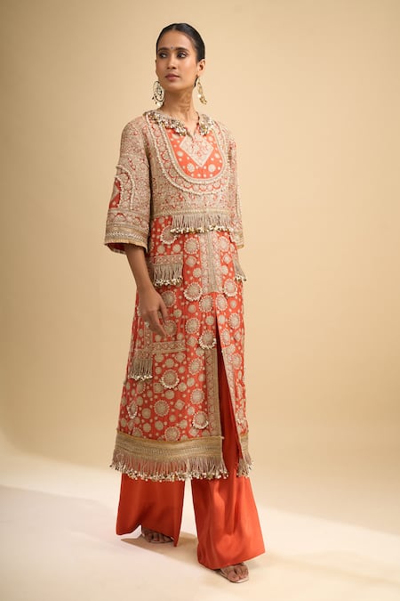 Anamika Khanna_Rust Embroidery, Tassels, Beads Split V-neck Front Open Kurta And Palazzo Set _Online_at_Aza_Fashions
