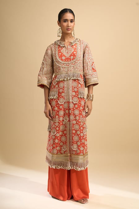 Buy_Anamika Khanna_Rust Embroidery, Tassels, Beads Split V-neck Front Open Kurta And Palazzo Set _Online_at_Aza_Fashions