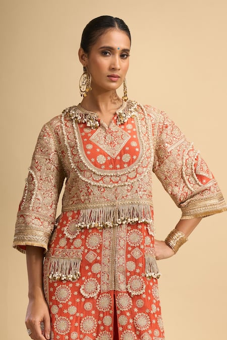 Shop_Anamika Khanna_Rust Embroidery, Tassels, Beads Split V-neck Front Open Kurta And Palazzo Set _Online_at_Aza_Fashions