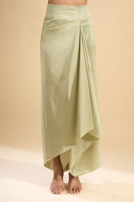 Anamika Khanna_Green High Neck, Mandarin Collar, Square Embroidered Cape And Draped Skirt Set _Online_at_Aza_Fashions