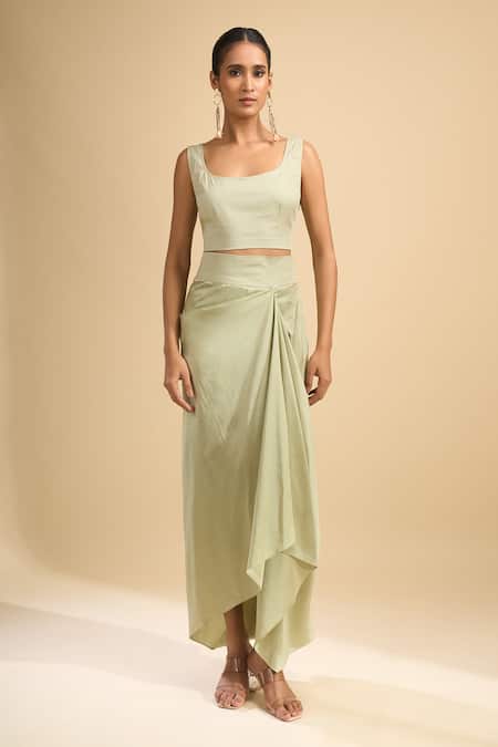 Buy_Anamika Khanna_Green High Neck, Mandarin Collar, Square Embroidered Cape And Draped Skirt Set _Online_at_Aza_Fashions