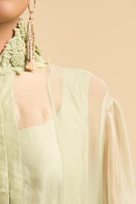 Shop_Anamika Khanna_Green High Neck, Mandarin Collar, Square Embroidered Cape And Draped Skirt Set _Online_at_Aza_Fashions