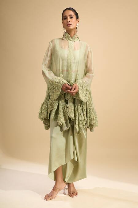 Anamika Khanna_Green High Neck, Mandarin Collar, Square Embroidered Cape And Draped Skirt Set _at_Aza_Fashions