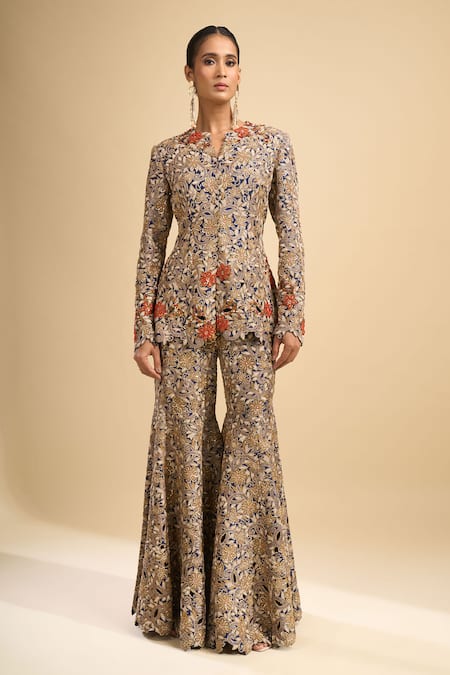 Anamika Khanna Floral Embroidered Peplum Jacket & Sharara Set 