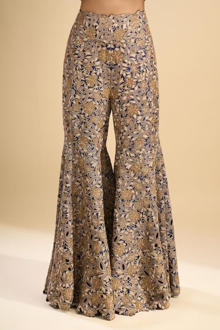Anamika Khanna_Blue Embroidery, Beads, Mirrors Split V-neck Floral Peplum Jacket And Sharara Set _Online_at_Aza_Fashions