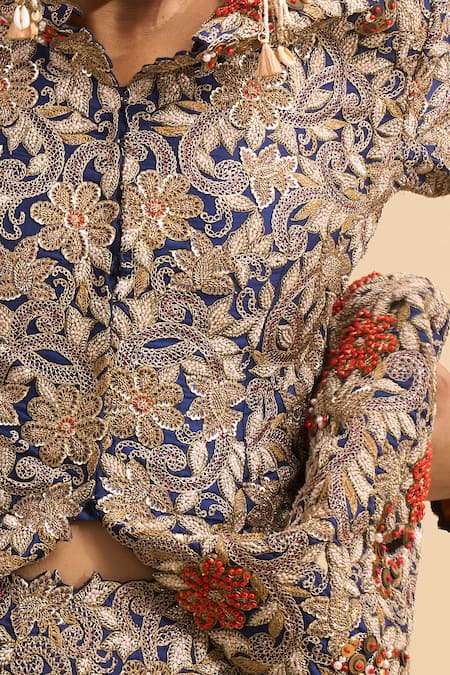 Shop_Anamika Khanna_Blue Embroidery, Beads, Mirrors Split V-neck Floral Peplum Jacket And Sharara Set _Online_at_Aza_Fashions