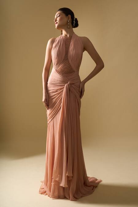 Buy_Tarun Tahiliani_Blush Beads Halter , High Yoke Draped Concept Gown _Online_at_Aza_Fashions