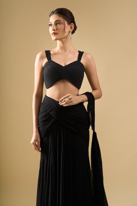 Shop_Tarun Tahiliani_Black Sequins, Beads Sweetheart Pre-draped Concept Saree Set With Corset Belt _Online_at_Aza_Fashions