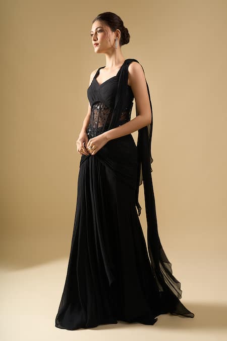 Tarun Tahiliani_Black Sequins, Beads Sweetheart Pre-draped Concept Saree Set With Corset Belt _at_Aza_Fashions