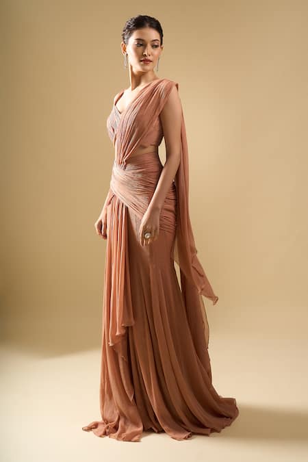 Buy_Tarun Tahiliani_Brown Sequins, Stones, Beads Pre-draped Concept Saree Set With Corset Belt _Online_at_Aza_Fashions