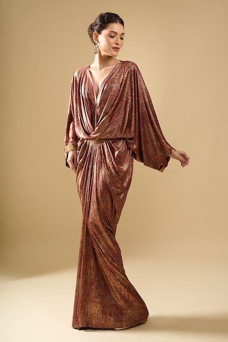 Tarun Tahiliani_Brown V-neck Printed Draped Dress _Online_at_Aza_Fashions