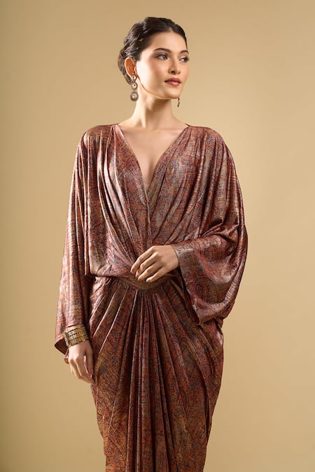 Buy_Tarun Tahiliani_Brown V-neck Printed Draped Dress _Online_at_Aza_Fashions