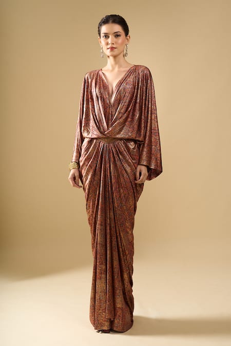 Shop_Tarun Tahiliani_Brown V-neck Printed Draped Dress _Online_at_Aza_Fashions