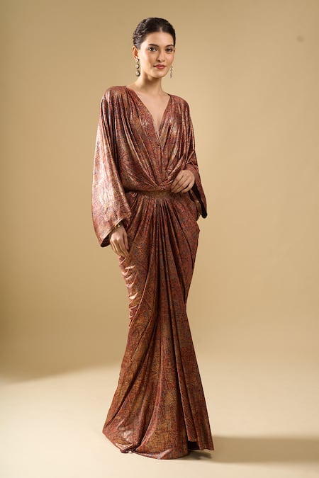 Tarun Tahiliani_Brown V-neck Printed Draped Dress _at_Aza_Fashions