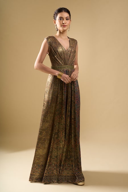 Tarun Tahiliani_Emerald Green V-neck Printed Flared Jumpsuit _Online_at_Aza_Fashions