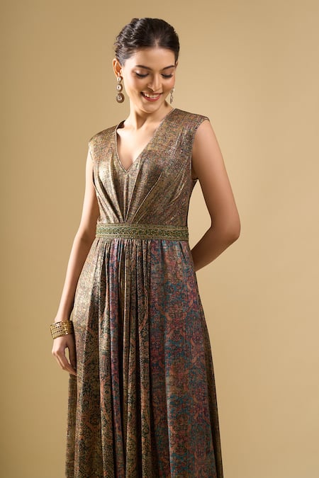 Shop_Tarun Tahiliani_Emerald Green V-neck Printed Flared Jumpsuit _Online_at_Aza_Fashions