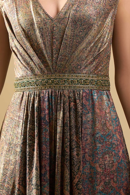 Tarun Tahiliani_Emerald Green V-neck Printed Flared Jumpsuit _at_Aza_Fashions
