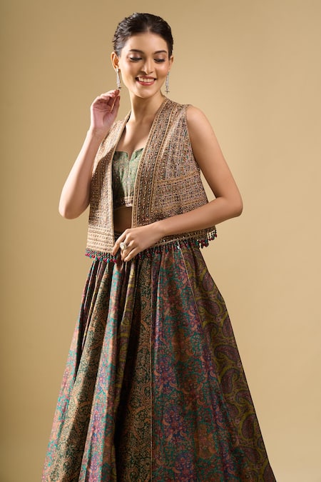 Tarun Tahiliani_Multi Color Embroidery, Pom-poms, Zari Open Neck, Gilet Printed Lehenga Set _Online_at_Aza_Fashions