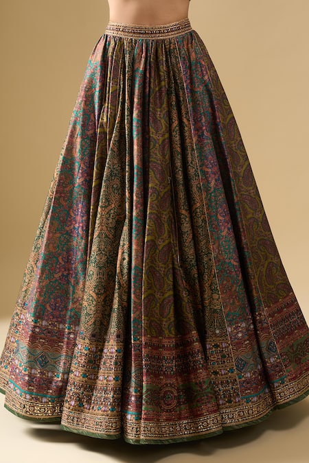 Buy_Tarun Tahiliani_Multi Color Embroidery, Pom-poms, Zari Open Neck, Gilet Printed Lehenga Set _Online_at_Aza_Fashions