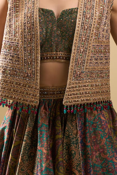Shop_Tarun Tahiliani_Multi Color Embroidery, Pom-poms, Zari Open Neck, Gilet Printed Lehenga Set _Online_at_Aza_Fashions