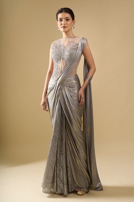 Tarun Tahiliani Embroidered Corset Draped Concept Saree Gown 