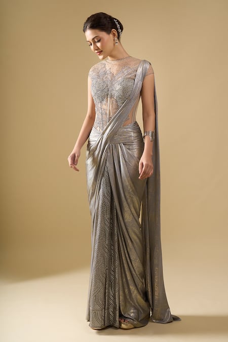 Tarun Tahiliani Gray Embroidery, Sequins, Stones High Neck, Corset Draped Concept Saree Gown Online at Aza Fashions Tarun Tahiliani_Gray Embroidery, Sequins, Stones High Neck, Corset Draped Concept Saree Gown _Online_at_Aza_Fashions