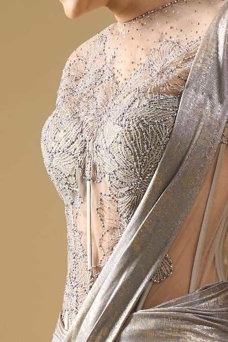 Buy Tarun Tahiliani Gray Embroidery, Sequins, Stones High Neck, Corset Draped Concept Saree Gown Online at Aza Fashions Buy_Tarun Tahiliani_Gray Embroidery, Sequins, Stones High Neck, Corset Draped Concept Saree Gown _Online_at_Aza_Fashions