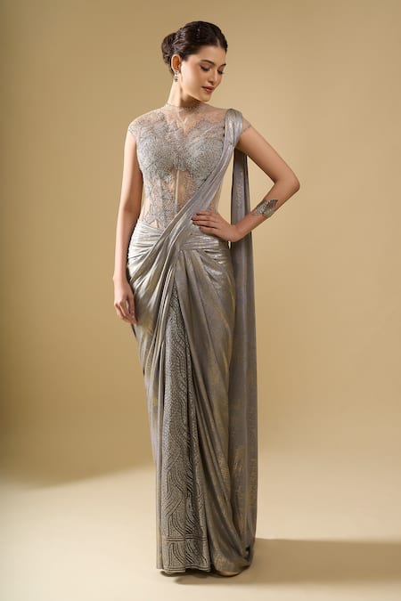 Shop Tarun Tahiliani Gray Embroidery, Sequins, Stones High Neck, Corset Draped Concept Saree Gown Online at Aza Fashions Shop_Tarun Tahiliani_Gray Embroidery, Sequins, Stones High Neck, Corset Draped Concept Saree Gown _Online_at_Aza_Fashions