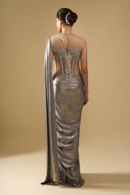 Tarun Tahiliani Embroidered Corset Draped Concept Saree Gown 