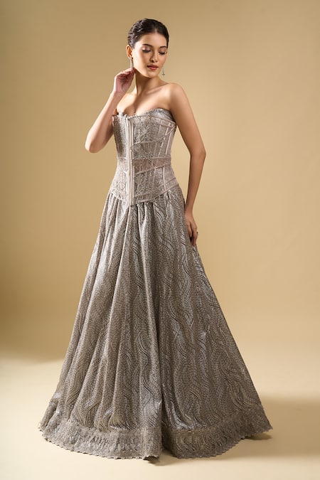 Buy Tarun Tahiliani Gray Sequins Sweetheart Neck Embellished Lehenga Set With Corset Online at Aza Fashions Buy_Tarun Tahiliani_Gray Sequins Sweetheart Neck Embellished Lehenga Set With Corset _Online_at_Aza_Fashions