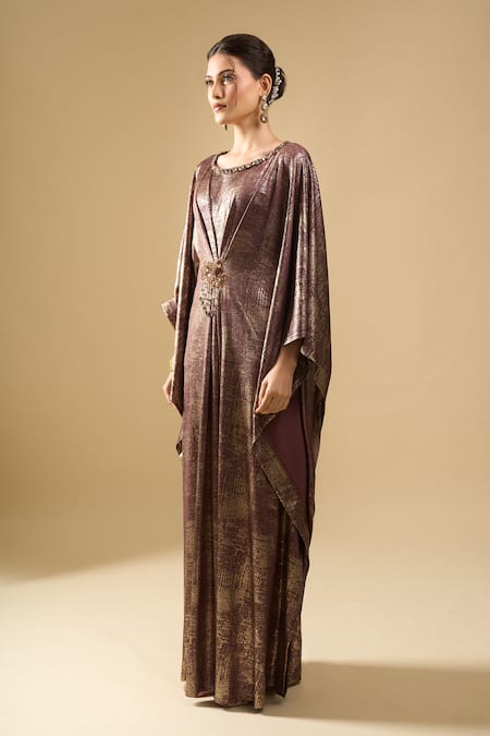 Tarun Tahiliani_Brown Foil Printing, Beads Round Neck Shimmer Printed Draped Dress _Online_at_Aza_Fashions