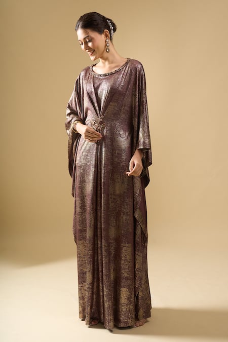 Buy_Tarun Tahiliani_Brown Foil Printing, Beads Round Neck Shimmer Printed Draped Dress _Online_at_Aza_Fashions