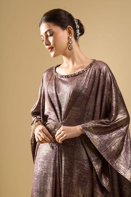 Shop_Tarun Tahiliani_Brown Foil Printing, Beads Round Neck Shimmer Printed Draped Dress _Online_at_Aza_Fashions