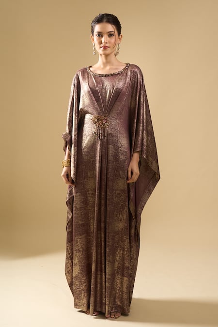 Tarun Tahiliani_Brown Foil Printing, Beads Round Neck Shimmer Printed Draped Dress _at_Aza_Fashions