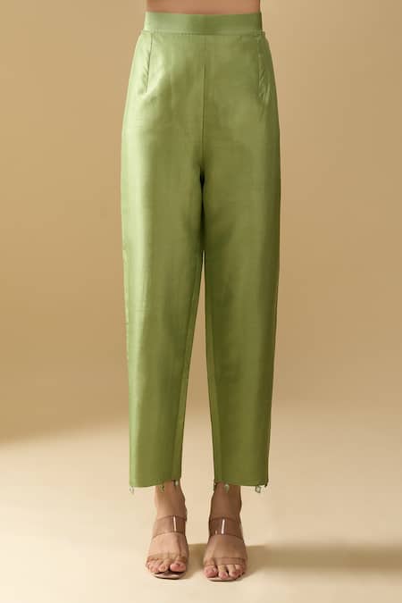 Buy_Archana Shah_Green Silk, Organza Embroidery, Tassels, Zari Round Neck, Moon Yoke Kurta Set _Online_at_Aza_Fashions