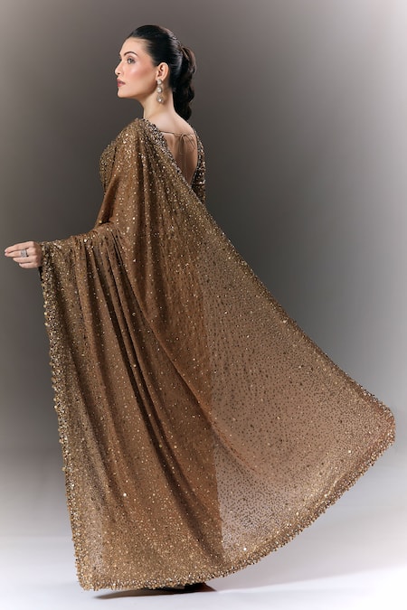 Buy Seema Gujral Brown Sequins Scoop Neck Saree With Full Sleeve Blouse Online at Aza Fashions Buy_Seema Gujral_Brown Sequins Scoop Neck Saree With Full Sleeve Blouse _Online_at_Aza_Fashions