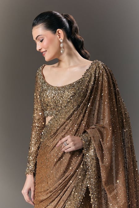 Shop Seema Gujral Brown Sequins Scoop Neck Saree With Full Sleeve Blouse Online at Aza Fashions Shop_Seema Gujral_Brown Sequins Scoop Neck Saree With Full Sleeve Blouse _Online_at_Aza_Fashions
