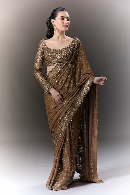 Seema Gujral Brown Sequins Scoop Neck Saree With Full Sleeve Blouse at Aza Fashions Seema Gujral_Brown Sequins Scoop Neck Saree With Full Sleeve Blouse _at_Aza_Fashions