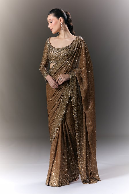 Buy Seema Gujral Brown Sequins Scoop Neck Saree With Full Sleeve Blouse Buy_Seema Gujral_Brown Sequins Scoop Neck Saree With Full Sleeve Blouse