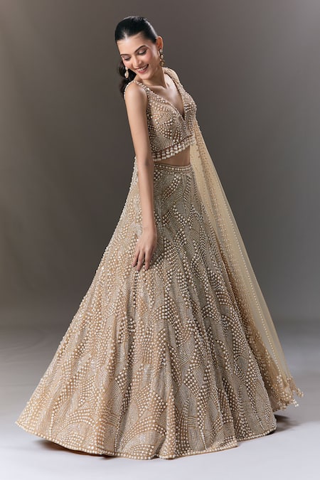 Buy_Seema Gujral_Beige Net Pearls, Sequins V-neck And Embellished Lehenga Set _Online_at_Aza_Fashions